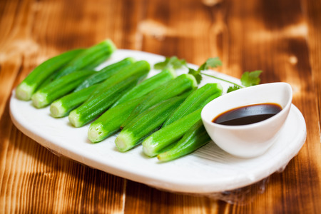 Okra and soy sauce, Japanese vegetarian styleの写真素材