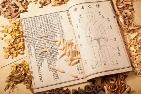 Ancient Chinese medical books in the Qing Dynasty, the Chinese herbal medicine on the tableのeditorial素材