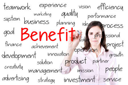 Business woman writing benefit concept. Isolated on white.の写真素材