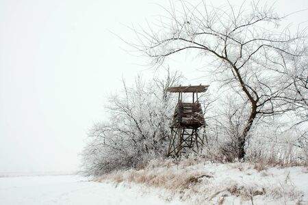 Snowy landscape with a hunting hide.の写真素材