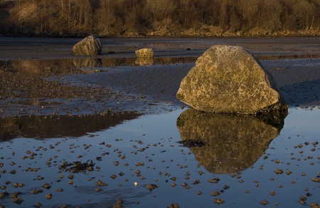 Sunset on reflected rocks at a rural beach on a spring eveningの写真素材