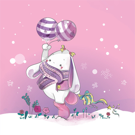 Cute rabbit with Blue Loon christmas day in Watercolor doodle style.のイラスト素材