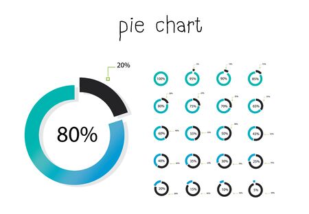 Set of business cycle flow diagrams, pie chart for documents,reports,presentations,infographic,0 5 10 15 20 25 30 35 40 45 50 55 60 65 70 75 80 85 90 95 100 percent clock style. Vector illustration.のイラスト素材