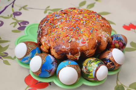 Easter cake with eggs on the table are sanctified
