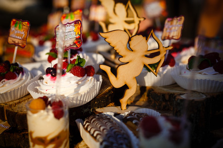 Breakfast buffet table with a variety of snacksの写真素材