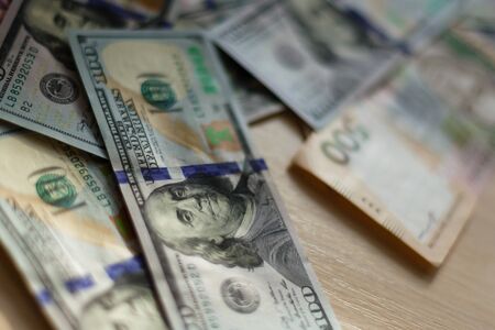 Ukrainian money hryvnia and usa dollars. The national currency.の写真素材