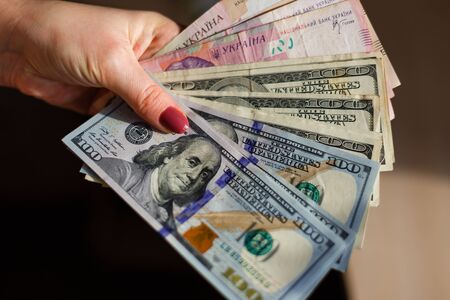 Ukrainian money hryvnia and usa dollars. The national currency.の写真素材