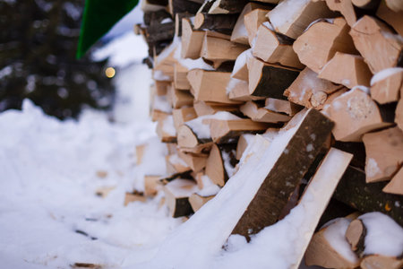 Footprints in the snow near a stack of firewood winter