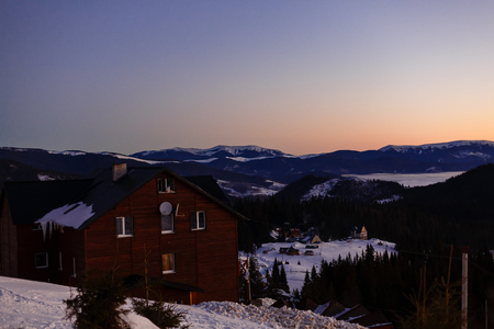 Sunrise at winter mountain landscape. Sunrise in Carpathian Mountains, Ukraineの写真素材