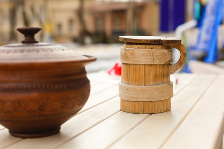Ukrainian archaic kitchen utensils old Ukrainian Wooden jugの写真素材
