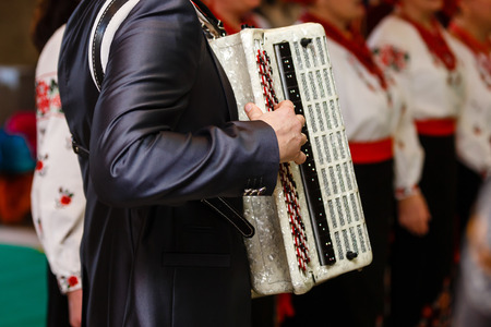 Musician playing accordions musician plays the accordion on whiteの写真素材