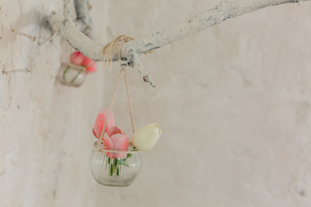 Elegant Hanging Wedding Flowers with Vibrant Colors in Perfect Lightingの写真素材