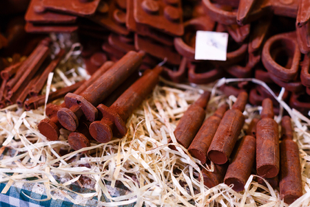 Hand-made soap on wooden mat chocolate products handmadeの写真素材