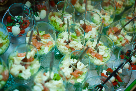 Breakfast buffet table with a variety of snacksの写真素材
