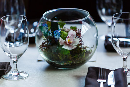 Empty glasses set in restaurant Glasses in the restaurant on the table flowersの写真素材