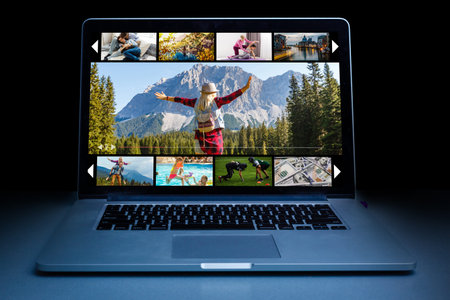 streaming concept. Close-up top view of a man watching videos on laptop. all screen graphics are...