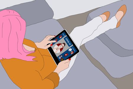 Lets stay home. Quarantine. A girl sits in a chair with a tablet computer in her hands. illustration.の写真素材