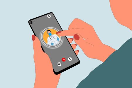 modern flat concept web banner design on hand holding mobile phone with medical assistance and doctor consultation online featuring abstract physician iconの写真素材