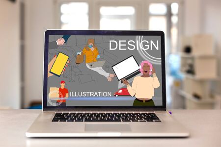 Workplace with laptop on table at home web designer or artist. Concept of a freelance and creative work onlineの写真素材