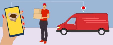 delivery man holding pile of cardboard boxes in front with copy space, illustrationの写真素材
