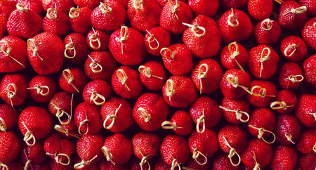 Strawberry fruit skewers, appetizer buffet, background Christmastime decorations