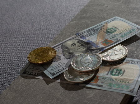Bitcoin Payment, Using Virtual Coin cryptocurrency and banknotes of one US dollarの写真素材