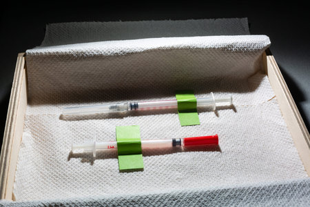 Corona virus vaccine, Covid-19 vaccine in the box. White background and syringes.