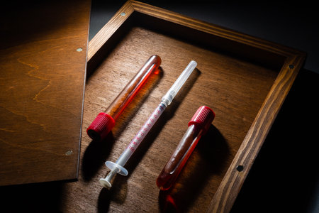 Vaccine ampoule isolated in a box set for injection mixed,Corona virus treatment concept,Covid-19.の写真素材