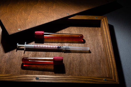 Corona virus vaccine, Covid-19 vaccine in the box. White background and syringes.の写真素材