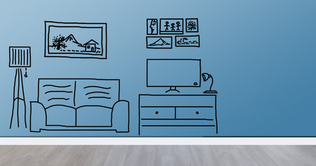 interior and real estate concept - new home over furniture cartoon or sketch background