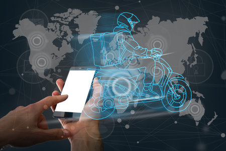 E-commerce concept with a person touching a button on a digital interface with icons of delivery,...