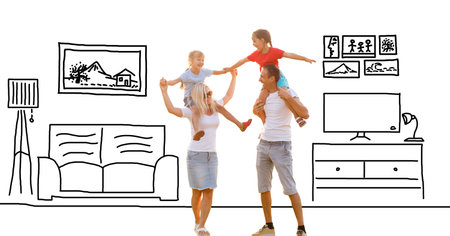 Happy ethnicity family discuss new home renovation relocating in own apartment, parents and cute child talk enjoy moving dayの写真素材