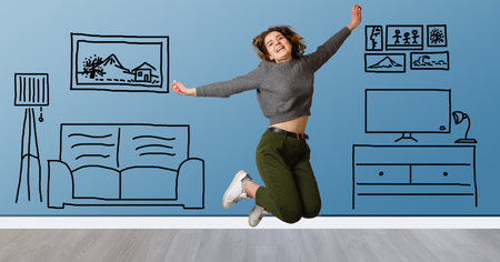 Girl doing repairs renovation relocating in own apartmentの写真素材