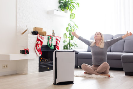 Air purifier in a living room, woman working with laptop with filter for clean roomの写真素材