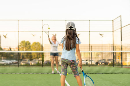 Portrait of a cute little girl playing tennisの写真素材