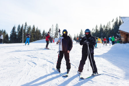 tourists of skiers and snowboarders, the largest ski resort in Eastern Europeの写真素材