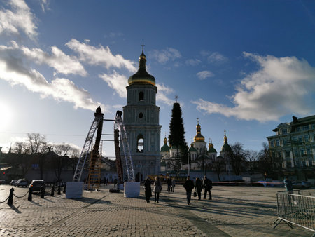 Kiev, Ukraine - December 16, 2019: A group of people walking in front of a buildingのeditorial素材