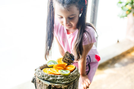 Little girl holding a butterfly in a fieldの写真素材