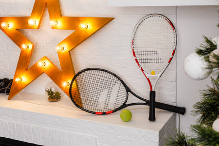 Christmas and New Year background with tennis racketの写真素材
