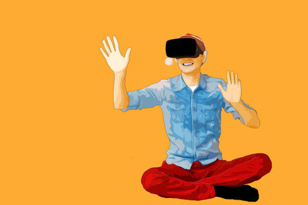 Man enjoying virtual reality headset playing video gameの写真素材