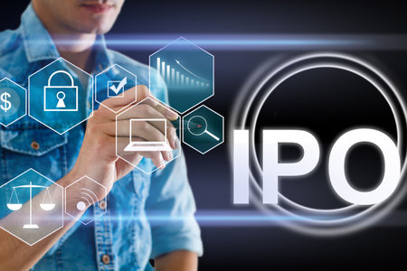 IPO (Initial Public Offering) finance business concept. Businessman touched ipo icon on virtual trading screen. Financial trade exchange investment and strategy technologyの写真素材