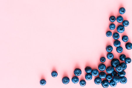 blueberries on pink background. Top view. Flat layの写真素材