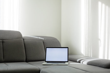 Modern interior. Comfortable workplace. The laptop is on the couchの写真素材