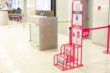 KIEV, UKRAINE - Dec 31, 2019: WizzAir metallic carry on luggage sizer