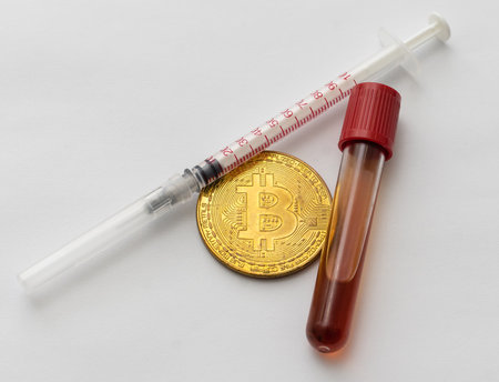 Empty syringe for injection with bitcoin on backgroundの写真素材