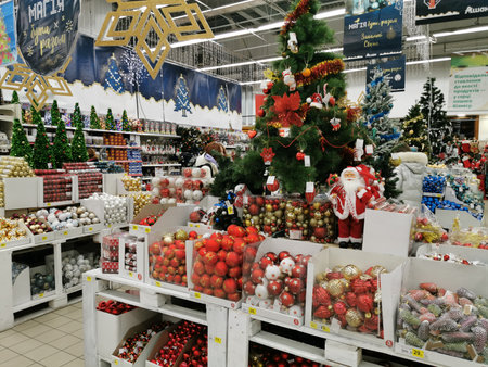 Kiev, Ukraine - December 16, 2019: Blurred background of the store before Christmas. Christmas shoppingのeditorial素材