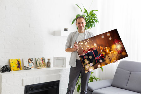 man holds photo canvas at homeの写真素材