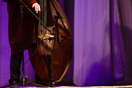 Acoustic double bass player. Man playing double bass on a concertの写真素材