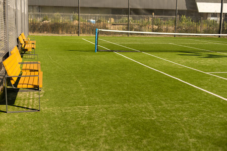 empty tennis grass court Aerialの写真素材