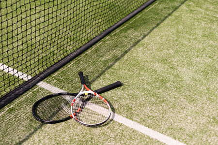 Tennis net and court. Playing Tennis. Healthy lifestyleの写真素材